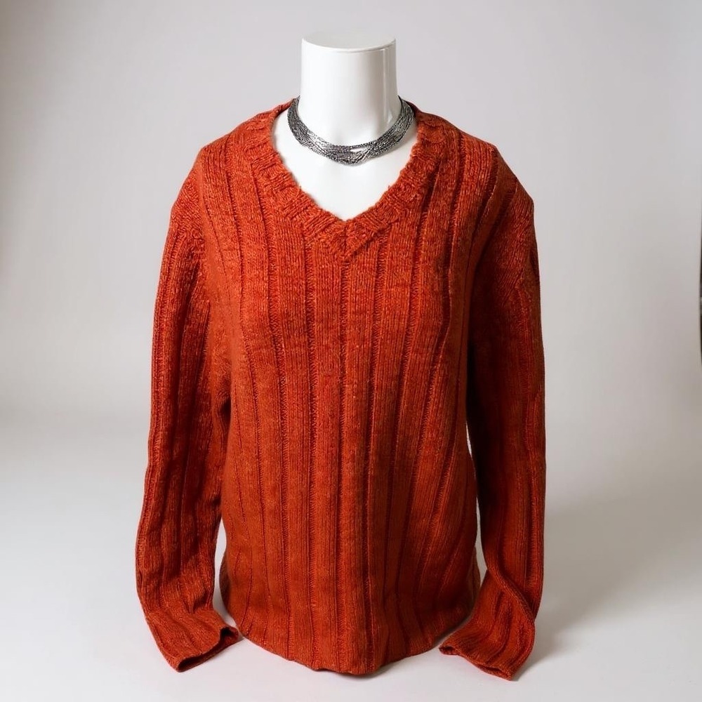 Vtg 90s Abercrombie & Fitch Rust‎ Burnt Orange Ribbed V-Neck Pullover Sweater XL